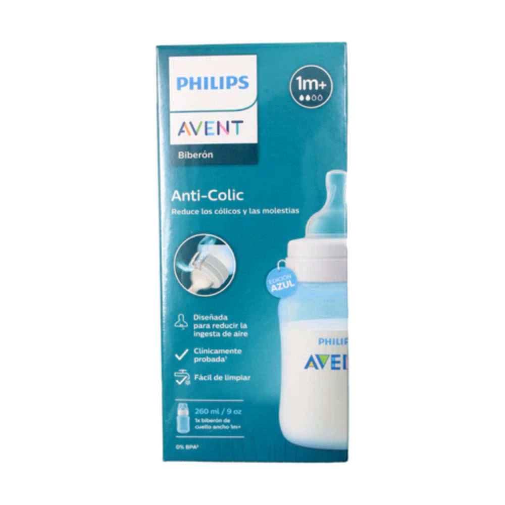 Biberón Avent Philips biberón 9 oz + tetina anticólicos flujo medio 3 m  azul