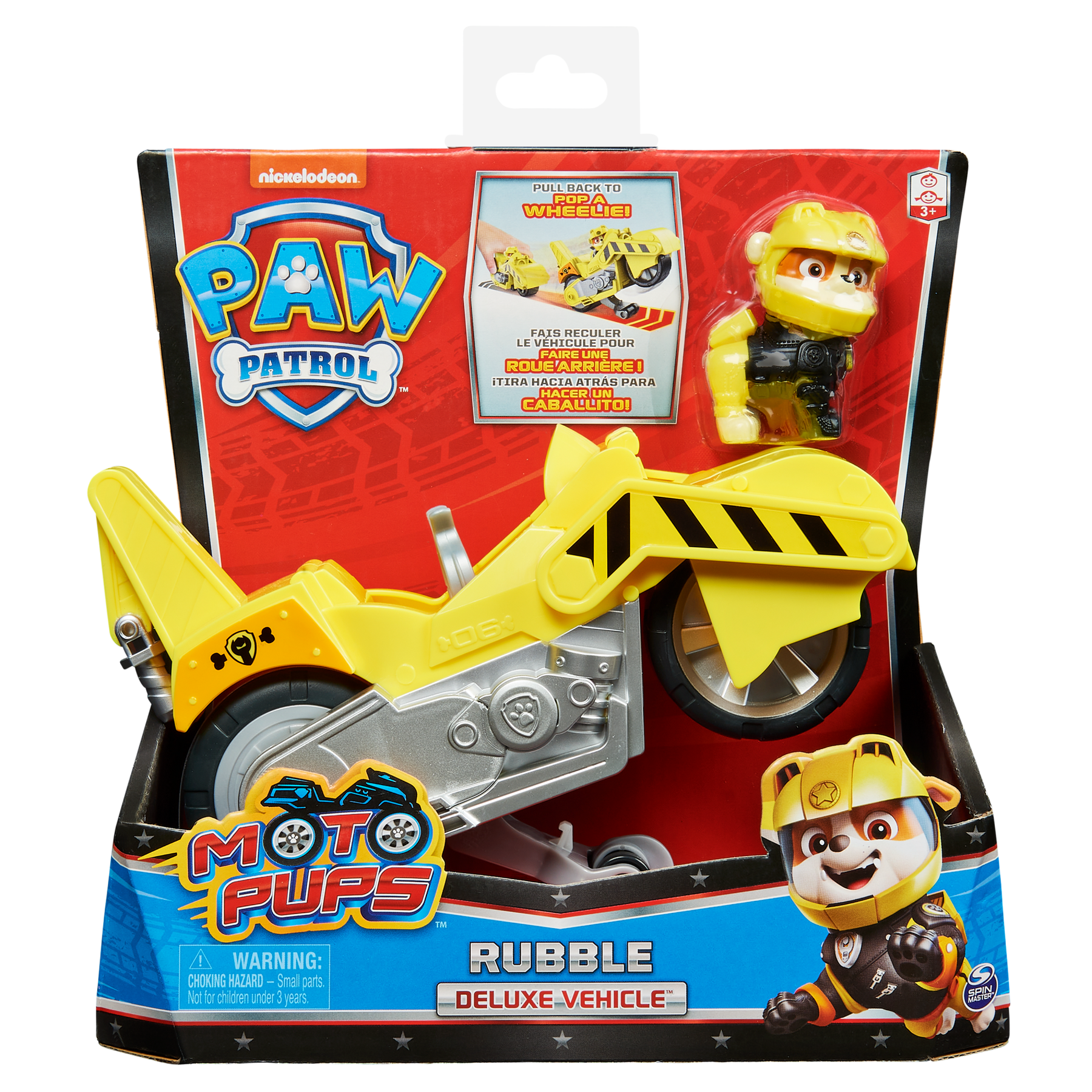 Paw Patrol, Moto Pups Deluxe de Rubble, vehículo de motocicleta de tracción  que hace piruetas, figura de juguete