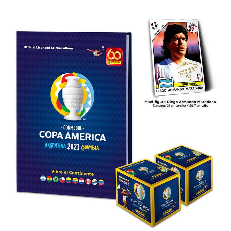 Combo CONMEBOL Copa América 2021 Álbum Tapa Dura + 2 Cajas De 50 Sobres + Maxi Figura Maradona